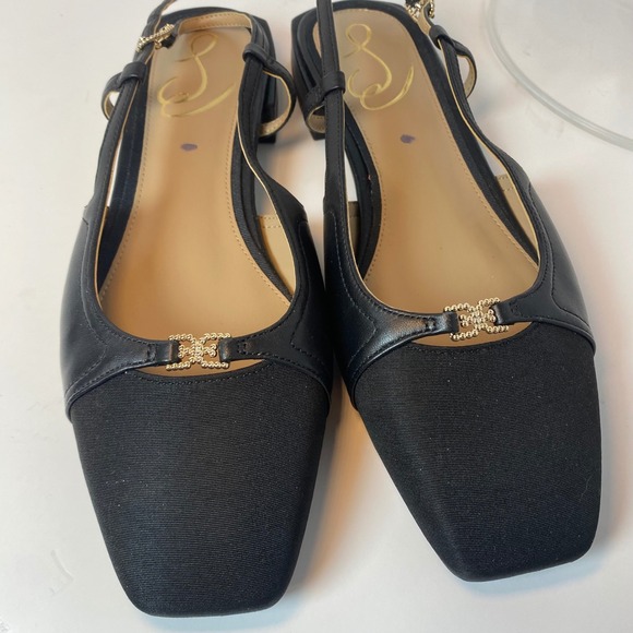Sam Edelman Shoes - Sam Edelman Black Leather Square Toe Slingback Flats Gold Logo Size 9.5
